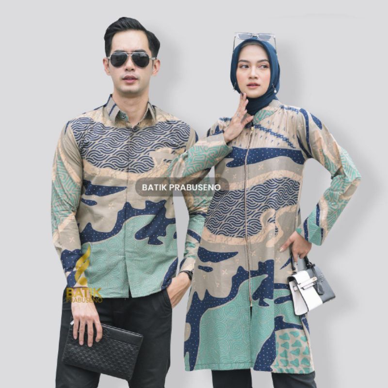 Batik Prabuseno Couple Set Gandari Hijau Atasan Tunik Wanita Dan Kemeja Pria Baju Seragam Kantoran K