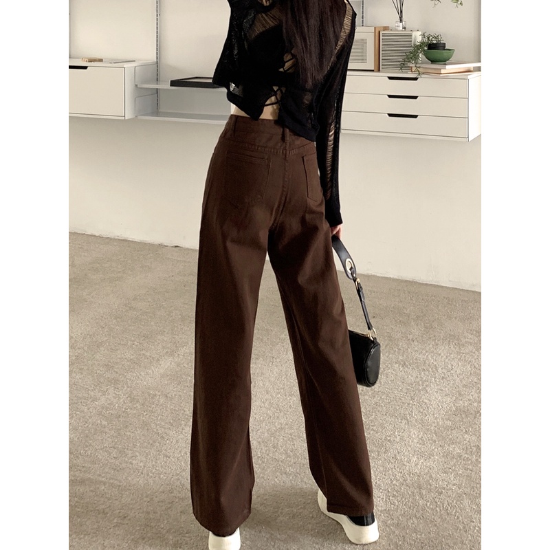 Coklat Highwaist Loose Straight Celana Jeans Panjang Wanita