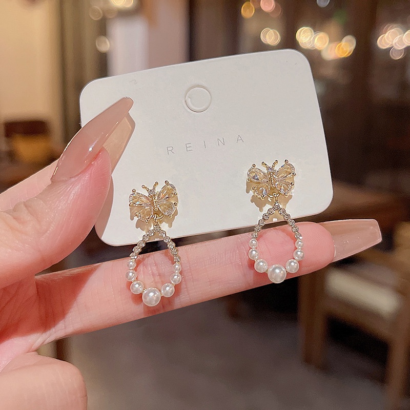 Anting Tusuk Gantung Sterling silver 925 Desain Kupu-Kupu Hias Zircon + Mutiara Untuk Wanita