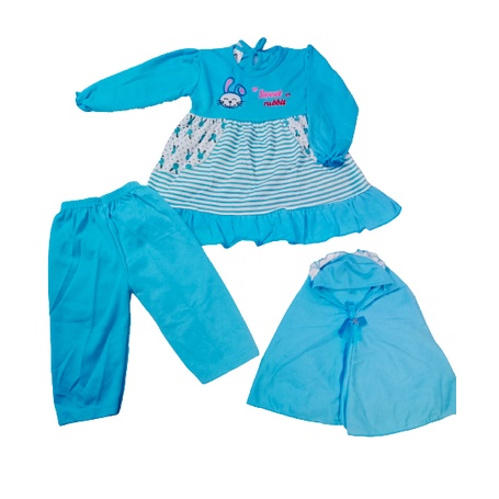 2 Set Baju Muslimah + Kerudung Anak Usia 1-2 Tahun, Gamis Lebaran Bayi Lucu Lembut Murah