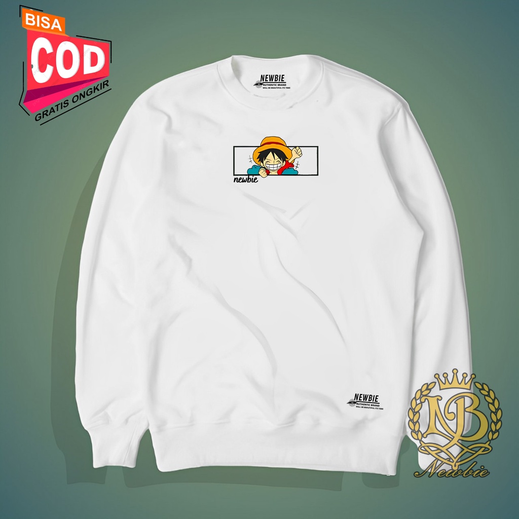 Sweater Pria Putih Sablon Lutffy Crewneck Cowok Distro Original Switer Oblong Cowok Brand Lokal Original Cowok Krewneck Oversize M L XL XXL