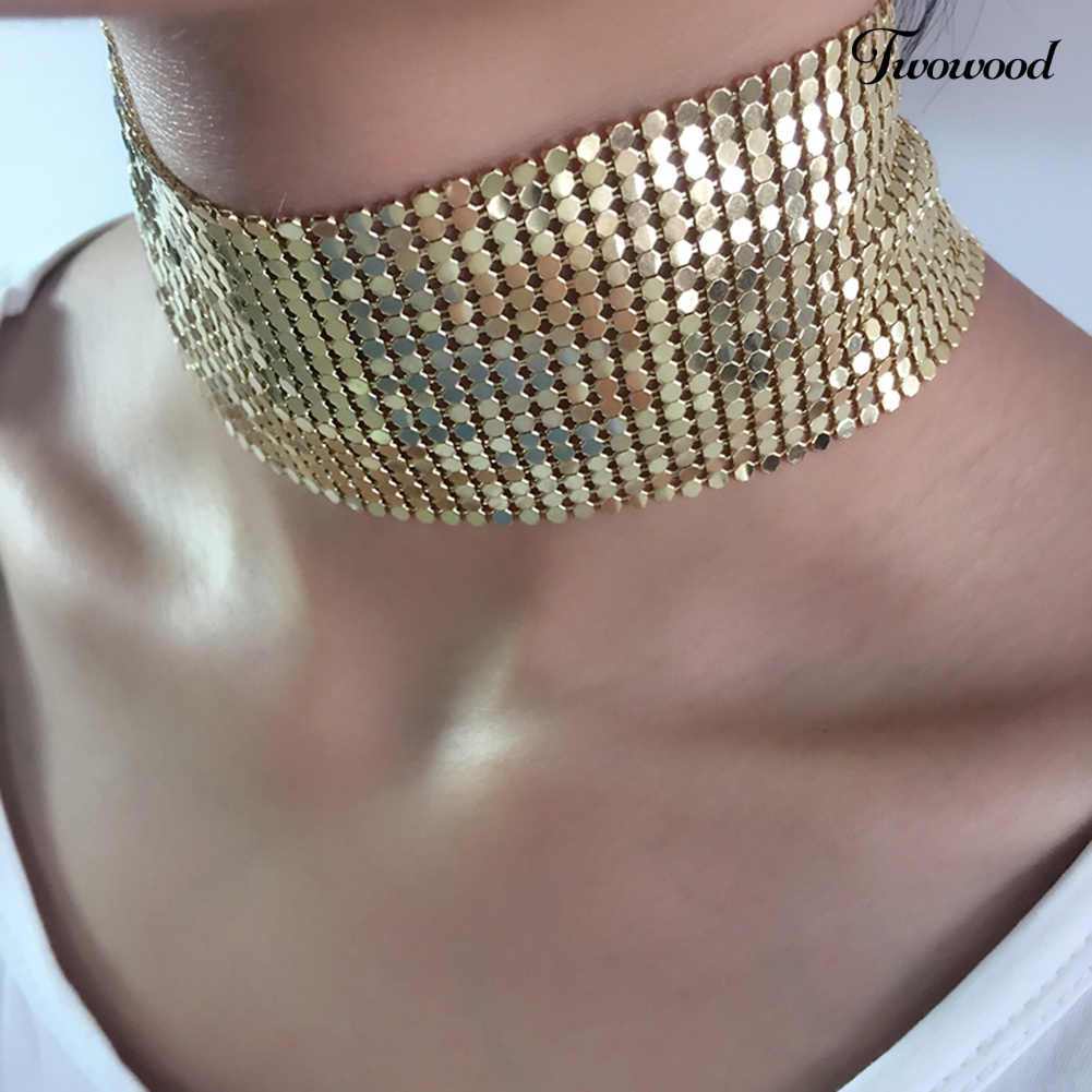 Kalung Choker Model Lebar Bahan Mesh Aksen Payet Gaya Punk Untuk Wanita