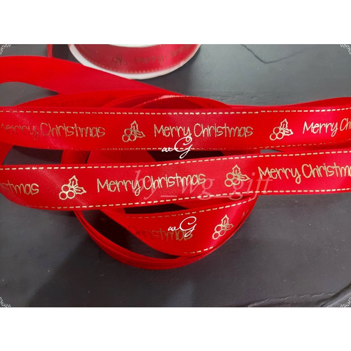 

[READY] Pita Natal Christmas - Satin - Merah / Hijau - Emboss F; Panjang 25 yd - Merah, 2,5 cm