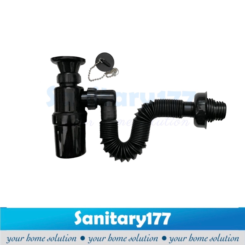 Sifon BOTOL Plastik FLEKSIBEL Soligen HITAM murah G79F- sipon tarik sambungan bawah washtafel saringan cuci tangan afur basin strainer pembuangan air  flexible