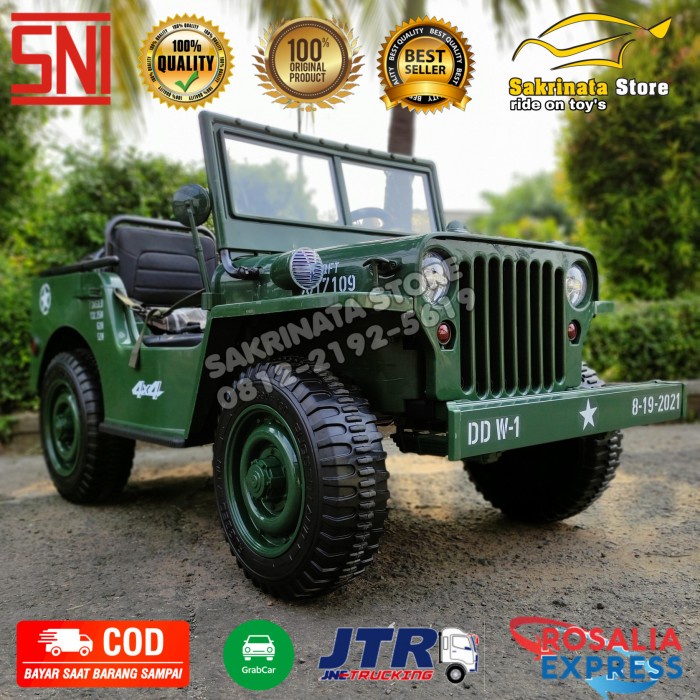 Mobil Anak Mainan Aki Jeep Willys 3 Seat Ban Karet