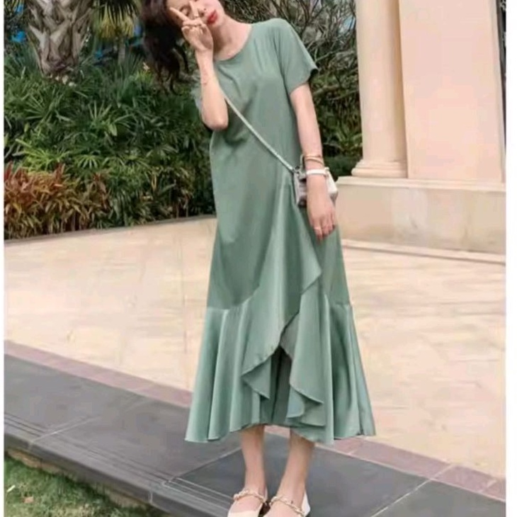 81210 Baju Mididress DROP WAIST DRESS hitam hijau polos dres Korea Korean style wanita import baju M