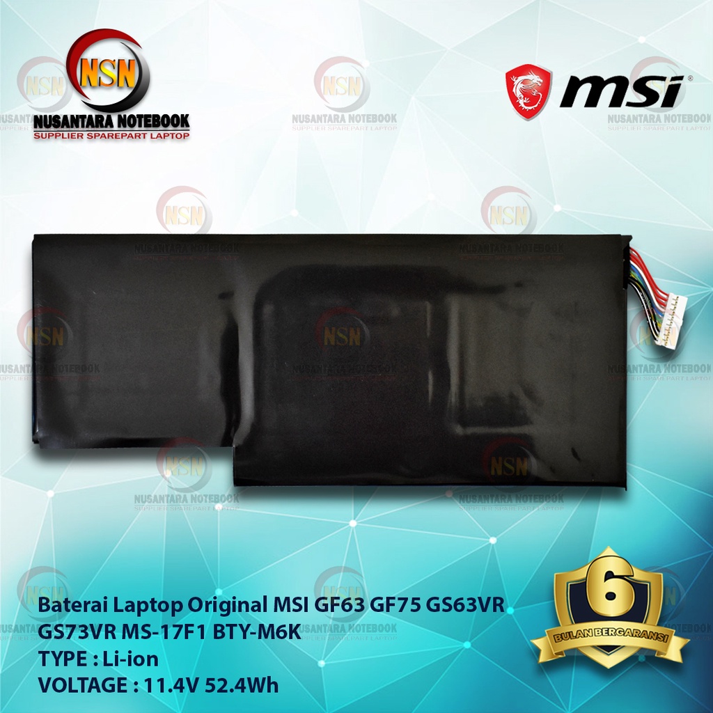 Baterai Original Laptop BTY-M6K For MSI GS65VR GF63 GF75 11.4V 52.4Wh
