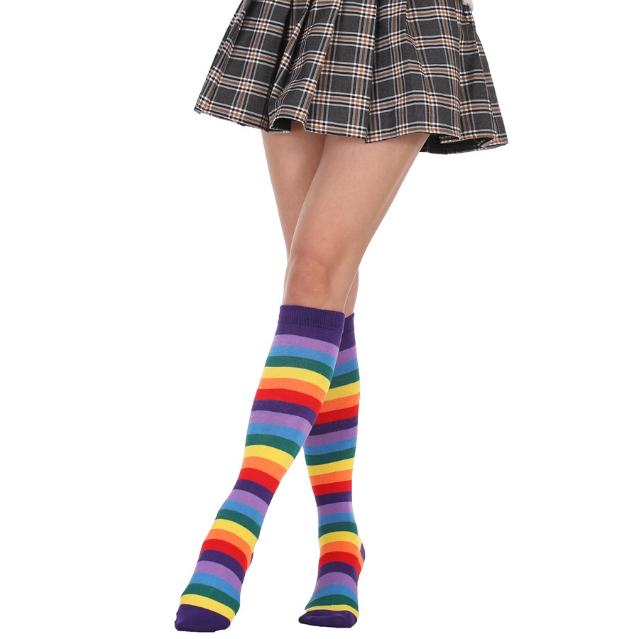 Kaos Kaki Selutut Motif Stripe Pelangi  Printing Wanita Premium Import Quality