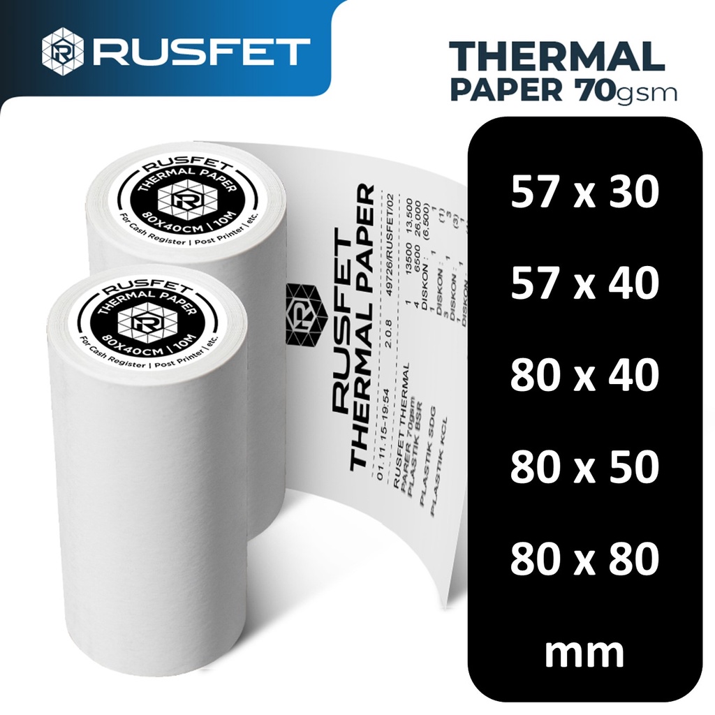 

Rusfet Thermal Paper Roll | Kertas Struk Kasir POS Premium | EDC Edisi PPOB Printer Bluetooth Portable | Direct Termal Struck Coreless Barcode BCA BRI Mandiri VSC Blueprint | 57x30 / 57x40 / 80x40 / 80x50 / 80x80