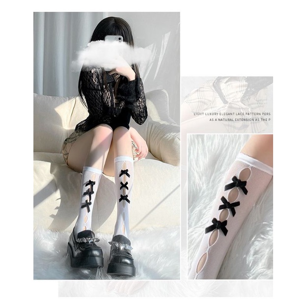 Kaos kaki Lolita Harajuku Sekolah Impor Korea Tinggi Panjang School Socks Model Jaring Pita Depan