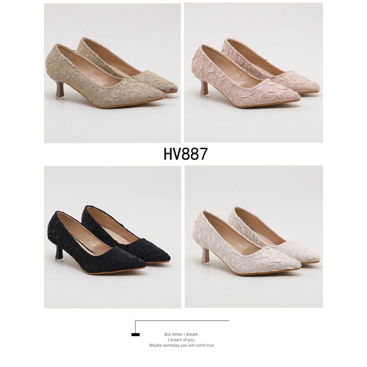 HELIVA LORA High Heels 5,5cm Slip On Shoes Ujung Lancip Bahan Lace Kulit Sepatu Pesta Kondangan HV887 Original Brand