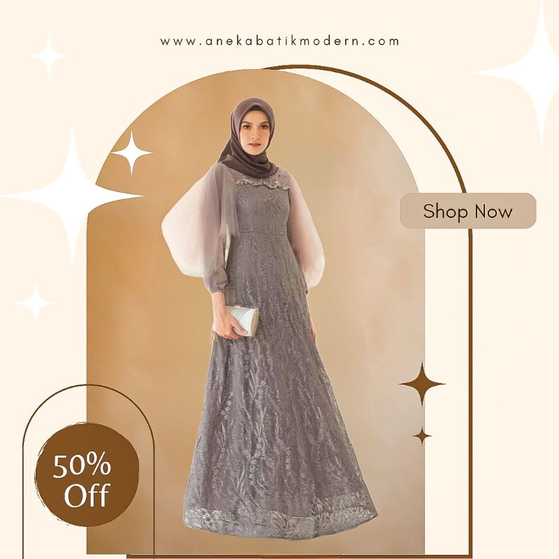 ARIVAL LUNA MAXI MAXY DRESS GAUN GAMIS BROKAT TILLE MUTIARA MODERN MODIS PESTA KONDANGAN NIKAHAN HAJ