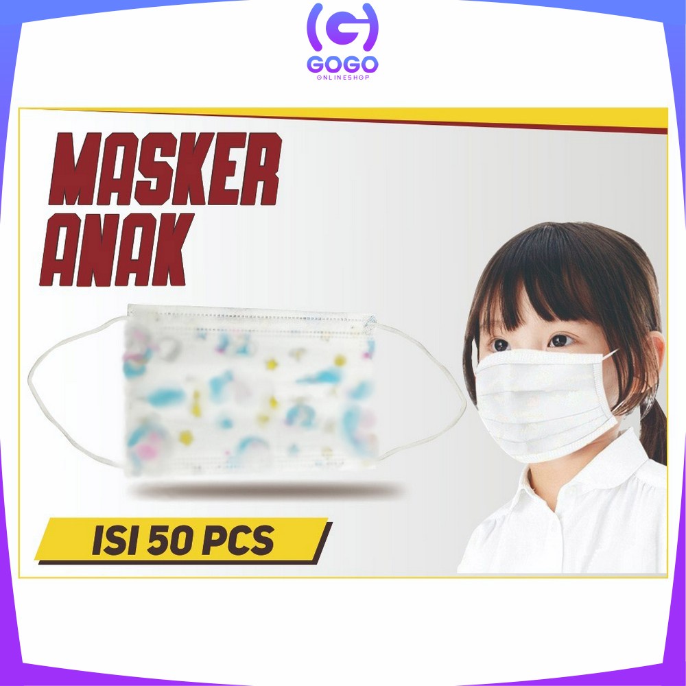 GOGO-C262 Masker Anak 3 Ply Karakter Isi 50Pcs Kids Face Mask Masker Earloop 3Ply Masker Disposable