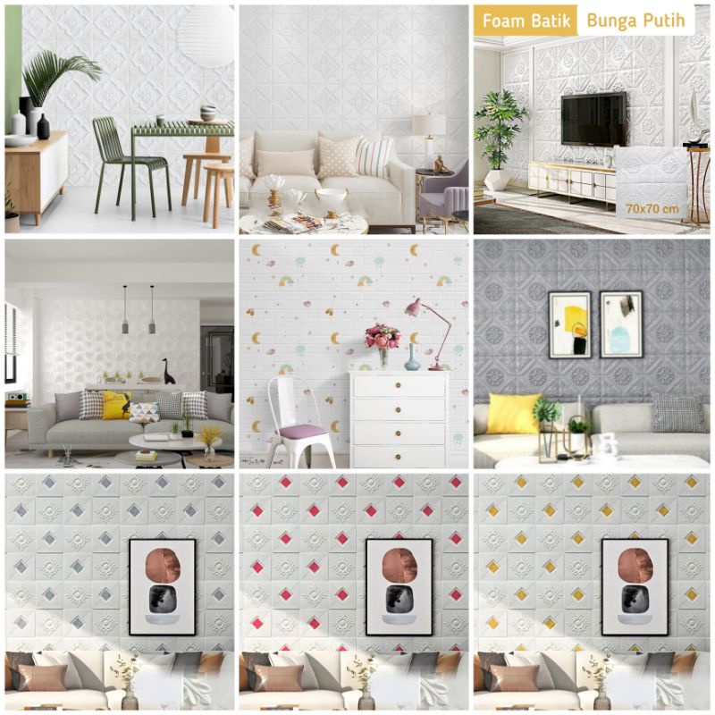 3D-Foam Dinding Plafon Atap Wallpaper Anti Lembab Gabus Embossed 3-mm, 4-mm, Batik Bunga Putih, Abu,