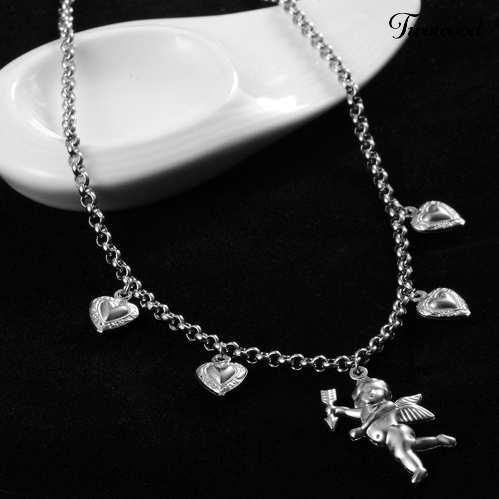 Kalung Choker Rantai Klavikula Liontin Hati Malaikat Bahan Stainless Steel Untuk Wanita