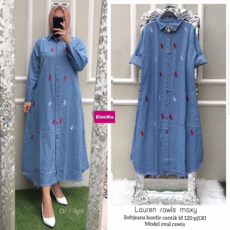 Tunik jeans Lauren terbaru/tunik bordir rawis Tunik jumbo lepis long