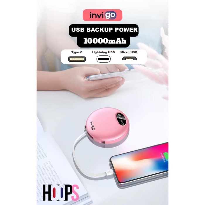 PowerBank Power Bank Invigo HOOPS Bulat 10.000mAH Ios &amp; Type C 2.4A - Merah Muda