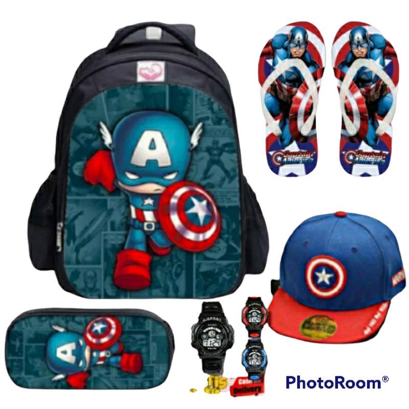 Paket Lengkap Banyak Bonus Tas Ransel Captain Amerika 5in1 Tas Anak laki-laki Sekolah TK SD