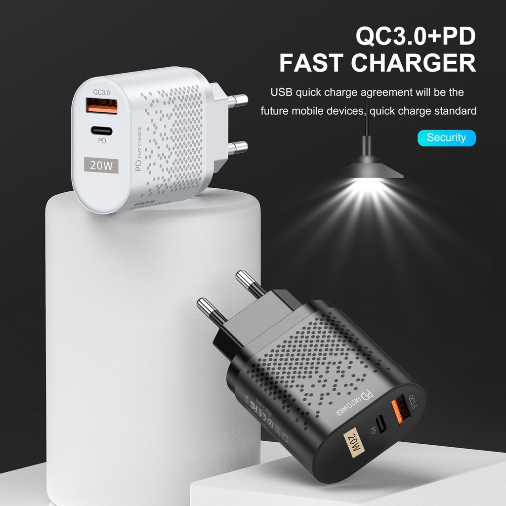 Adapter Power Charger Dual Port USB-A + Tipe-c QC3.0 + PD 20w Fast Charging Untuk Iphone / Android