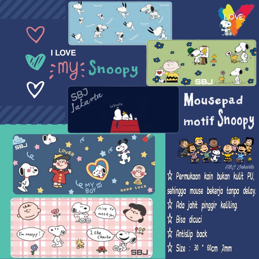 Mouse Pad Mousepad panjang gaming Motif Snoopy Toystory bahan microfiber antislip ada jahit pinggir