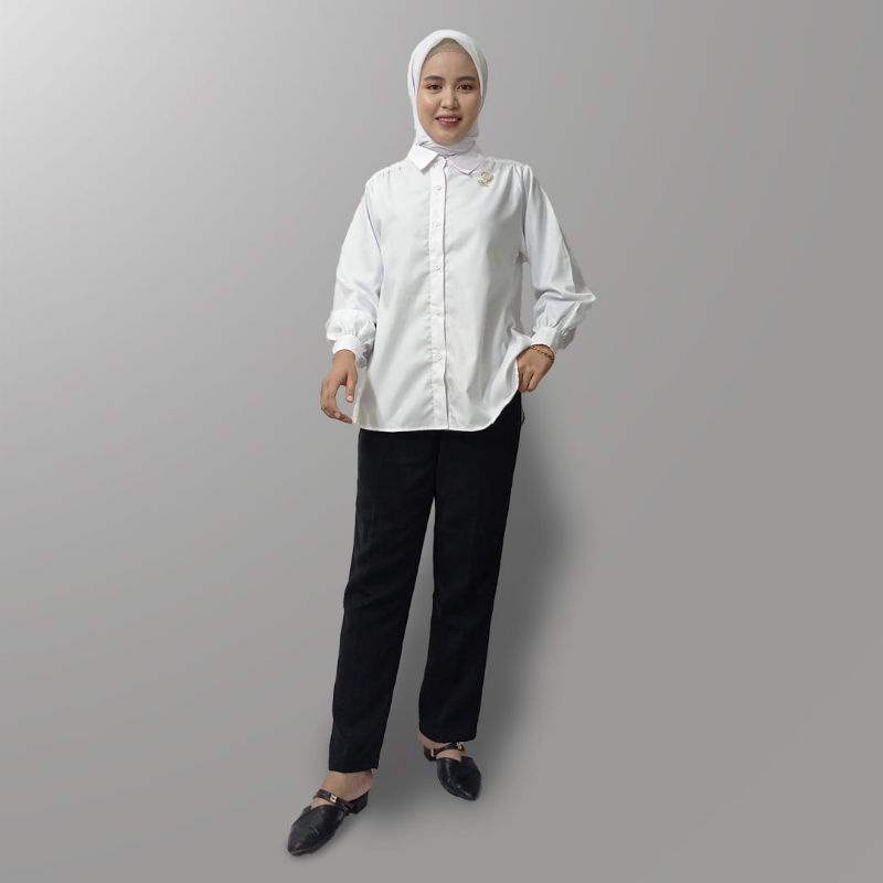 Zaja - Shirt Remaja Cewek Putih Polos Kemeja Kerja Wanita Kasual &amp; Formal Blouse Nara Korean Style / Baju Blus Kasual / Kemeja Perempuan Model Korea Terbaru