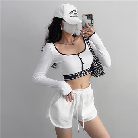 Suhao gadis panas musim semi dan musim gugur kaus ketat lengan panjang ketat wanita pemblokiran warna ultra-pendek bottoming pinggang tinggi pusar atasan olahraga jazz ramping