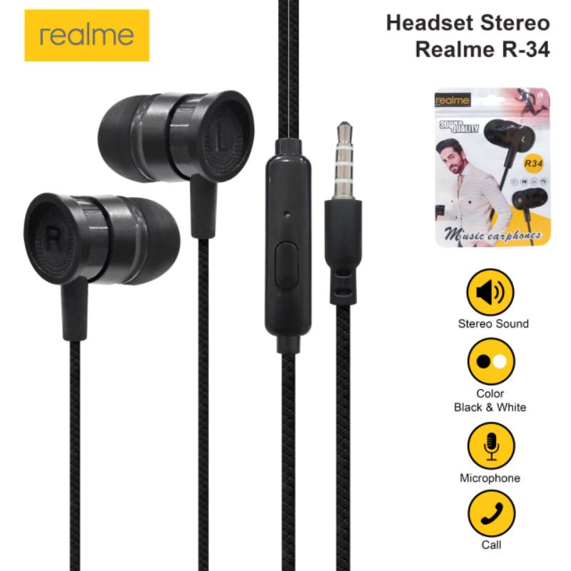 Headset Realme R34 Bass Earphone Hansfree Realme R34 Stereo Bass Handset Hf Realme R34 Bass Mic