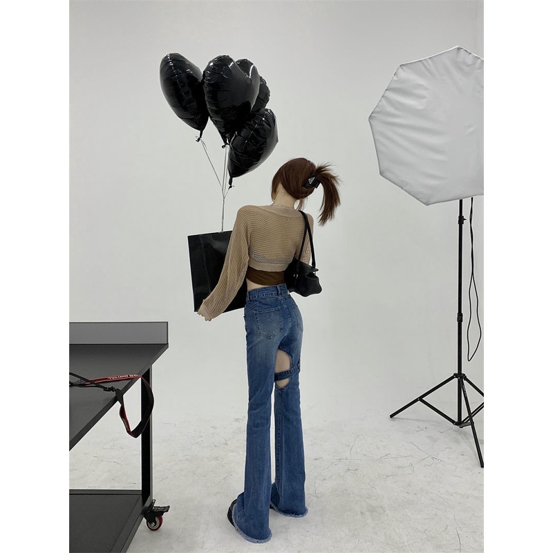 Suhao blue raw edge hollow jeans women s autumn slim slim trousers high waist mopping micro flared pants ins tide