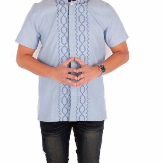 kemeja koko polos kerah sanghai lengan pendek pria muslim - Biru, M