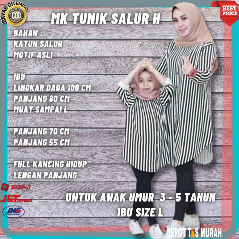 St setelan set cp mk couple baju tunik salur hitam ibu size L kids anak perempuan cewek cewe wanita 