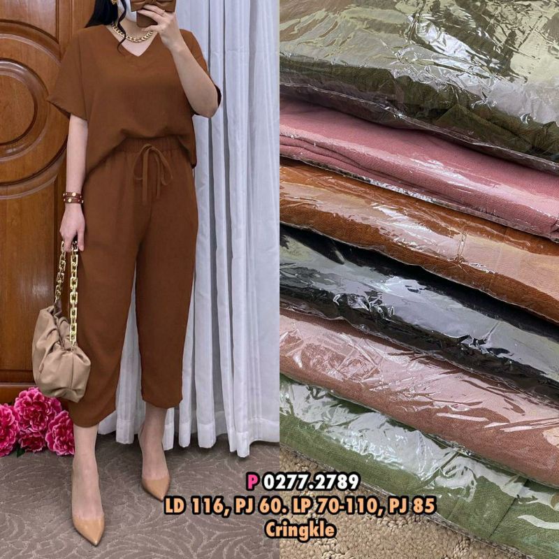 Oneset Crinkle//Setelan wanita lengan pendek//Setelan Kekinian