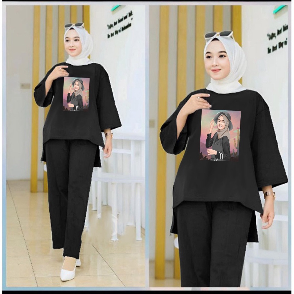 Setelan Tunik Hijab Topi Hitam/Set Tunik Senyawa