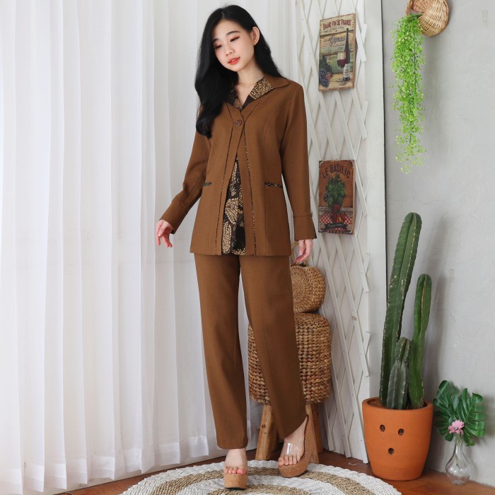 Jas Pemda Wanita Pdh Seragam Guru Set Celana - 6602 Coklat Tua