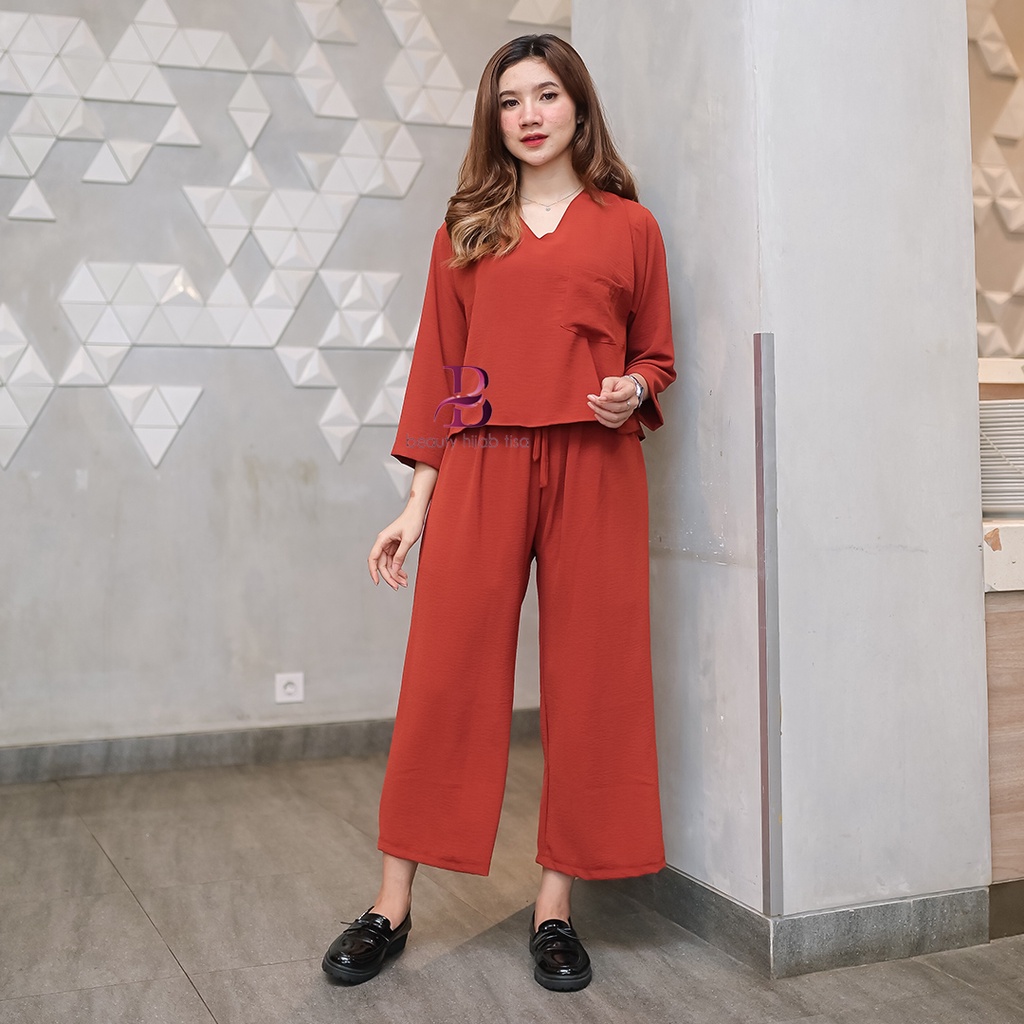 Sania One set polos Crinkle airflow Anti Kusut Crop V Polos setelan wanita lengan panjang terbaru kekinian variasi pocket UK Bigsize beautyhijabtisa