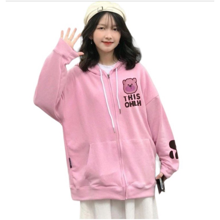 Jacket Zipper THIS OHLH Hoodie Oversize Wanita Motif Lucu Fashion Terkini Kasual OOTD Korean Fashion Girly