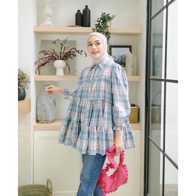 Azkia Blouse Plaid Pink Blue by Haideeorlin