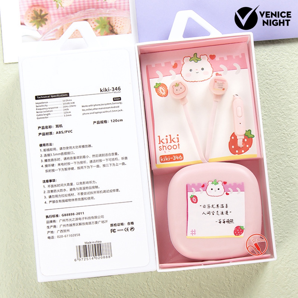 (VNEP) (Berkabel) Earbud High Fidelity Mega Bass Girls Cute 3.5mm Earphone Olahraga Musik dengan Aksesori Audio Mikrofon