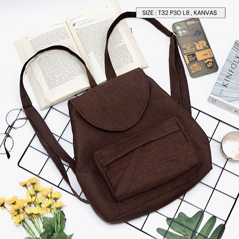 Bayar di Tempat COD Tas Ransel Serut Bahan Kanvas KANTONG Depan Ukuran Medium tas punggung wanita-Warna 710