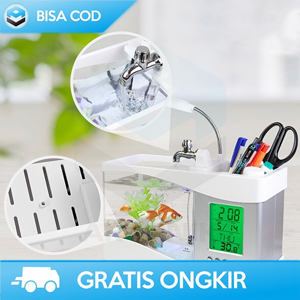 MINI AQUARIUM DENGAN DIGITAL DISPLAY USB FISH TANK WITH RUNNING WATER