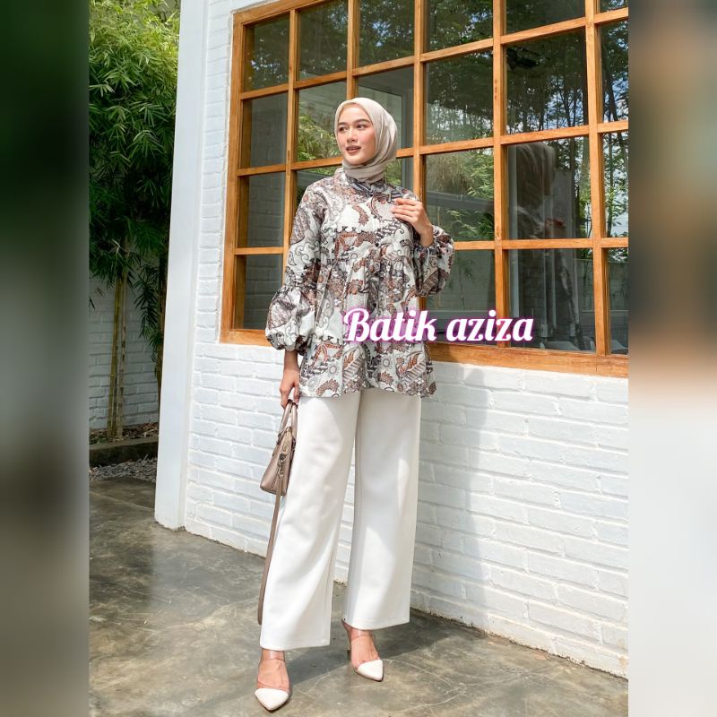 atasan batik wanita kekinian blus batik kancing depan lengan balon by batik aziza