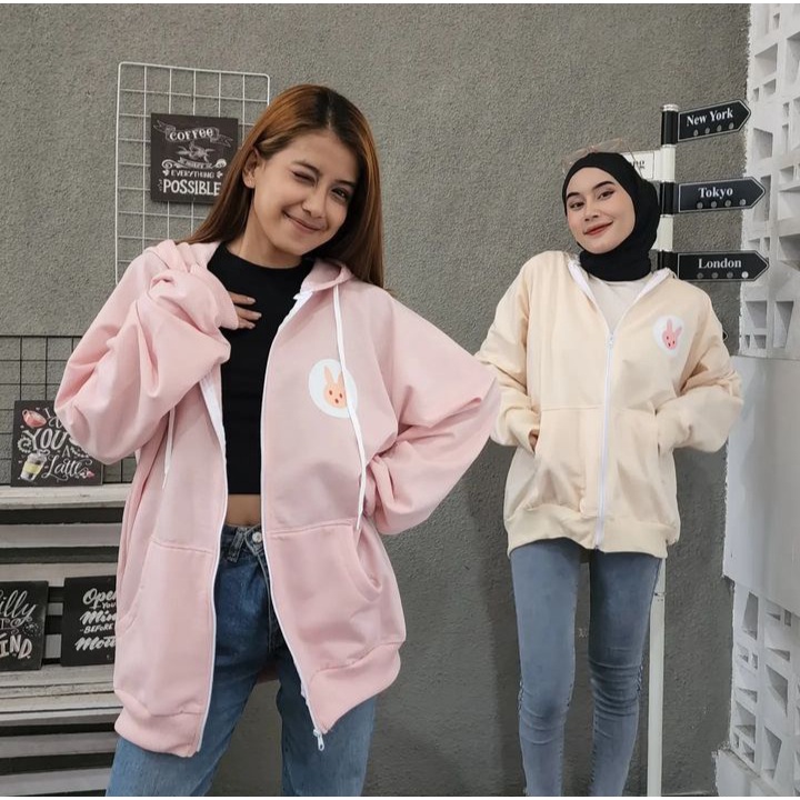 Jacket PINK RABBIT 2XL Hoodie Zipper Sweater Bigsize Wanita Oversize Kekinian OOTD Korean Fashion Terbaru