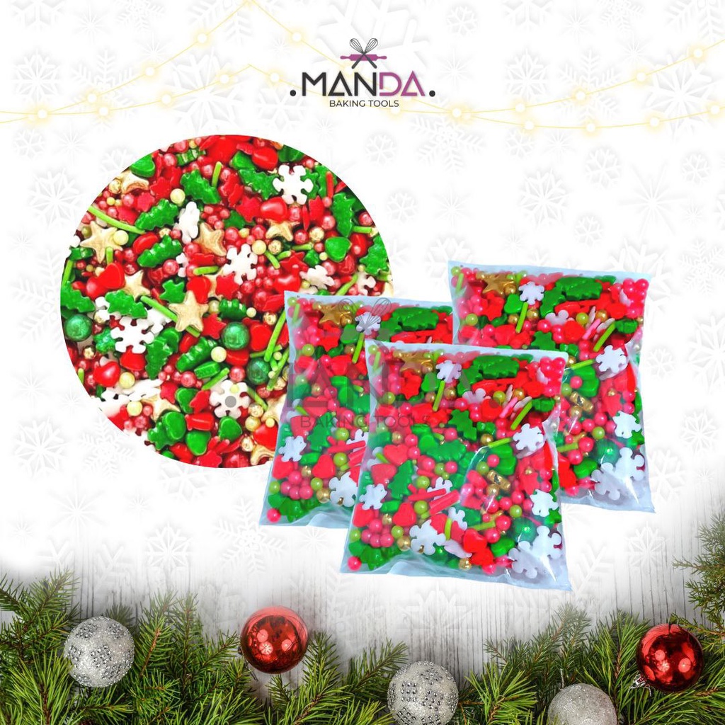 

Springkel sprinkel trimix permen hiasan kue tart cupcake gold putih merah hijau motif pohon natal merry christmas 50 gram