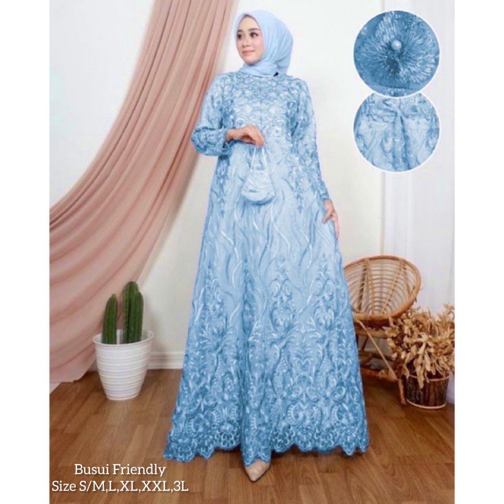 Lesya (New Product)Maxi Dress Brukat Tile Premium Full Depan Belakang /Gamis Pesta Kondangan/Free Masker+Tali Obi / Sleting Depan Busui  Friendly/Seragam Bridesmaid Brokat Mewah