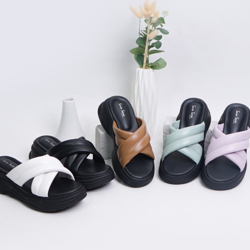 SARA SARA YUK - NAGITA Sandal Wanita Wedges Silang Tinggi 5cm Size 36 - 40 Casual Sendal Cewek Platform Kondangan Hak Tinggi 5cm Size 37 38 39 Pergi Jalan Santai Rumah Slop Warna Hitam Black White Putih Brown Selop Premium Original Kekinian Terbaru Shoes