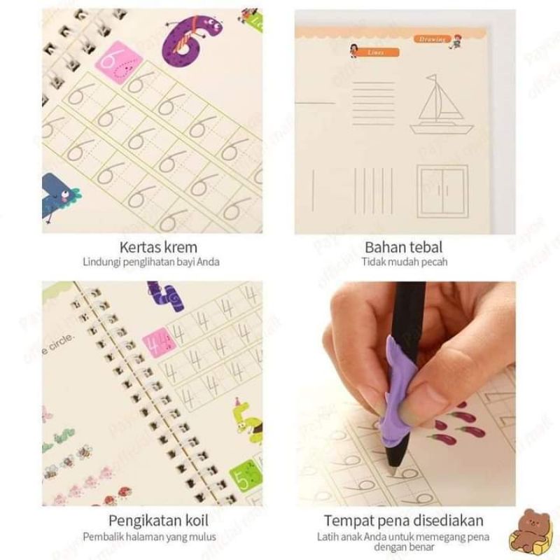 

Buku Isi 4 + 1 pulpen + 5 refill - 4 Book/Set Calligraphy Copybook Sank Magic Practice Kid'sEarly Learning Writing Lettering Practice Book