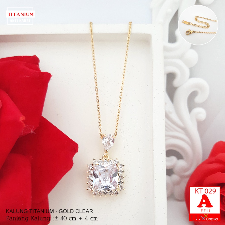 KT 029 Kalung Titanium Permata Kotak warna Merah Hijau Crystal Clear Perhiasan Anti Karat Selamanya Aksesoris Pesta Titan Luxx Xuping