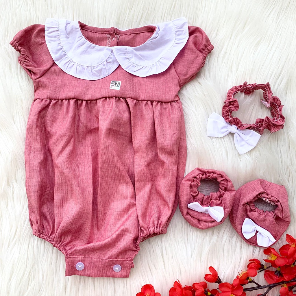 Baju setelan jumper bandana sepatu warna polos newborn fashion anak bayi cewek perempuan murah -nay