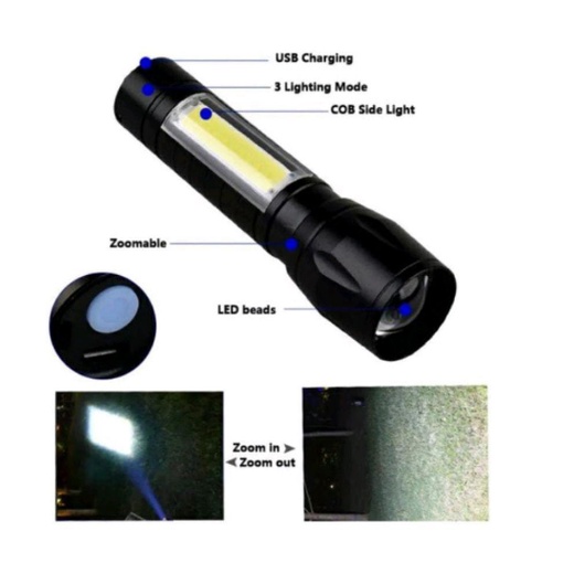 Senter Mini XPE COB LED Zoom Super Terang Swat Police Light Rechargeable