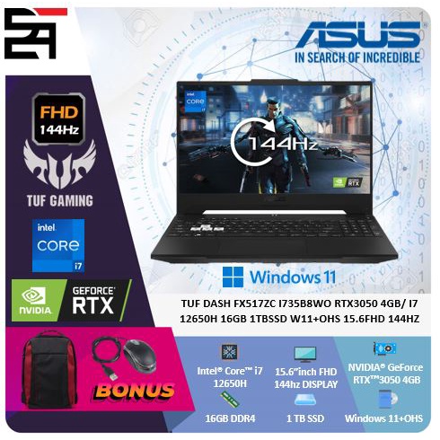 Asus Gaming Tuf Dash FX517ZE  RTX3050Ti-4GB i7 12650H 16GB 1TB SSD W11 OHS 15.6 Inchi FHD 144Hz RGB