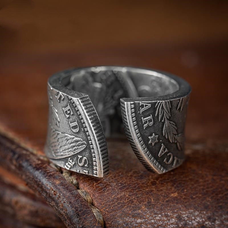 Cincin Model Terbuka Adjustable Desain Koin Morgan Warna Silver Gaya Vintage Rock Untuk Pria